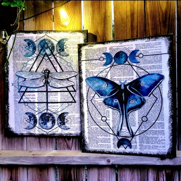 Luna Moth & Dragonfly Moon Magic Nature Sacred Geometry Two Set 16x20 Canvas - Picture 1 of 8